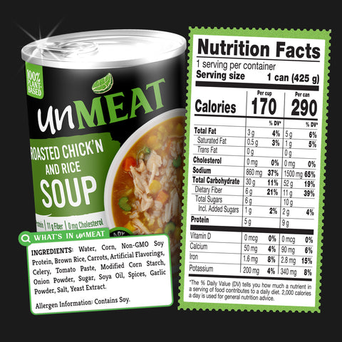 UnMeat roasted chicken and rice soup packaging with nutrition facts label on a black background