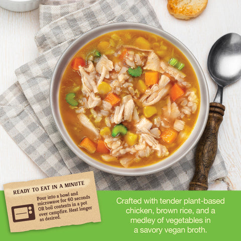 Bowl of roasted chicken and rice soup with vegetables and text about product details and heating instructions
