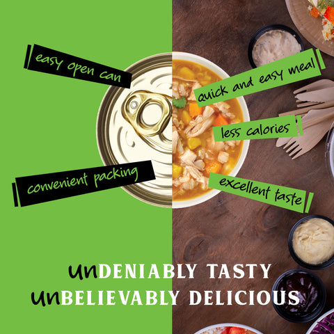 Canned roasted chicken and rice soup with text highlighting benefits on a green background, and a bowl of soup on a wooden table with text on a brown background.