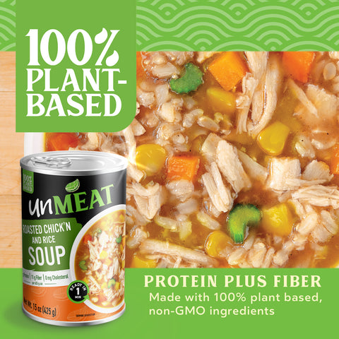 UnMeat roasted chicken and rice soup can with a plant-based soup container on a green background