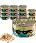 Twelve cans of UnMeat fish-free tuna in water with a scoop of soybeans on a white background