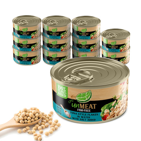 Twelve cans of UnMeat fish-free tuna in water with a scoop of soybeans on a white background