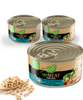 Three cans of UnMeat fish-free tuna in water with a scoop of soybeans on a white background