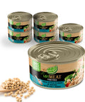 Six cans of UnMeat fish-free tuna in water with a scoop of soybeans on a white background