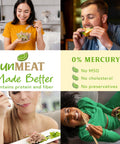 Collage of people eating with 'unMEAT Made Better' branding and health benefits listed.