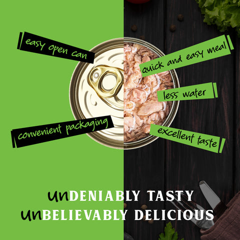 Split image of a can with text highlighting features on a green and black background.