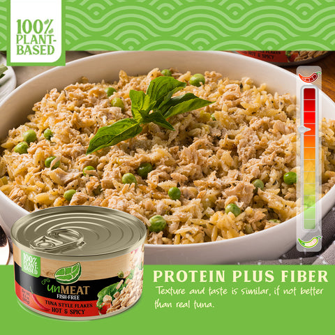 Can of UnMeat Tuna Style flakes hot and spicy flavor with plant-based protein and fiber label as well as heat index