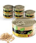 Six cans of UMEAT tuna style flakes in sunflower oil with a scoop of beans on a white background