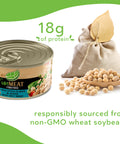 UnMeat tuna style flakes in water with protein listed, key benefits, and a bag of soybeans on a white background