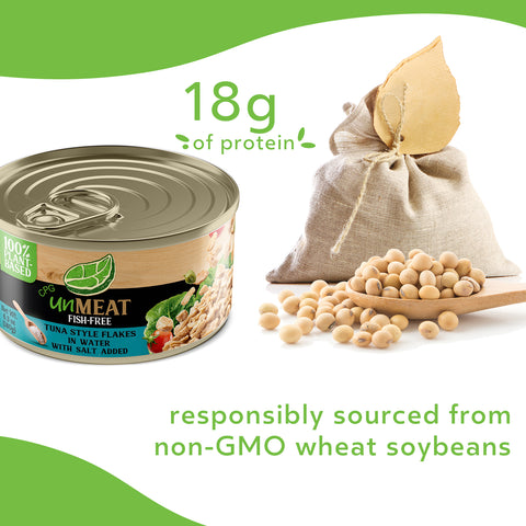 UnMeat tuna style flakes in water with protein listed, key benefits, and a bag of soybeans on a white background