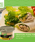 UnMeat tuna flakes in sunflower oil with wraps and vegetables on a plate, featuring protein plus fiber benefits.