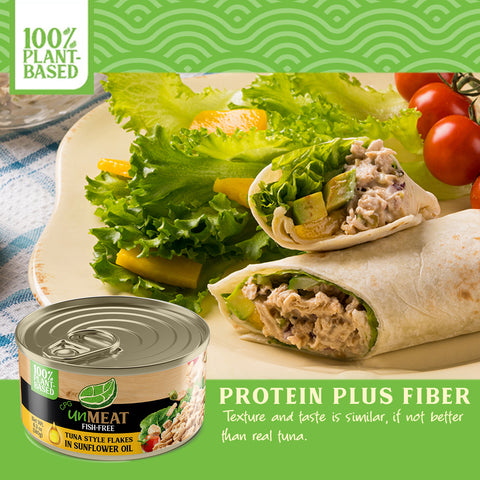 UnMeat tuna flakes in sunflower oil with wraps and vegetables on a plate, featuring protein plus fiber benefits.