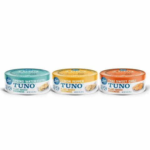 Loma Linda TUNO Variety Pack 1-pack, 3 cans (1 Lemon Pepper, 1 Thai Sweet Chili, 1 Spring Water), vegan tuna alternative.