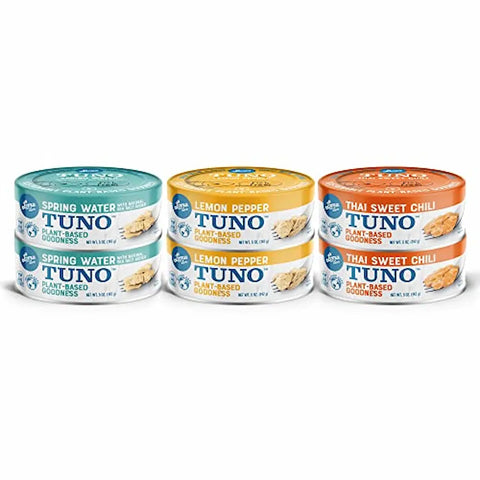 Loma Linda TUNO Variety Pack 2-pack, 6 cans (2 Lemon Pepper, 2 Thai Sweet Chili, 2 Spring Water), vegan tuna alternative.