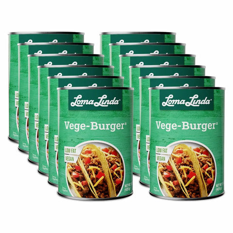 Loma Linda Vege Burger 12-pack, vegan, plant-based ground beef alternative.