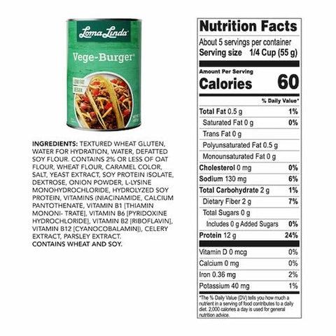 Loma Linda Vege Burger ingredients and nutritional information.