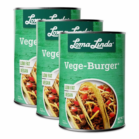 Loma Linda Vege Burger 3-pack, shelf-stable meatless ground beef alternative.