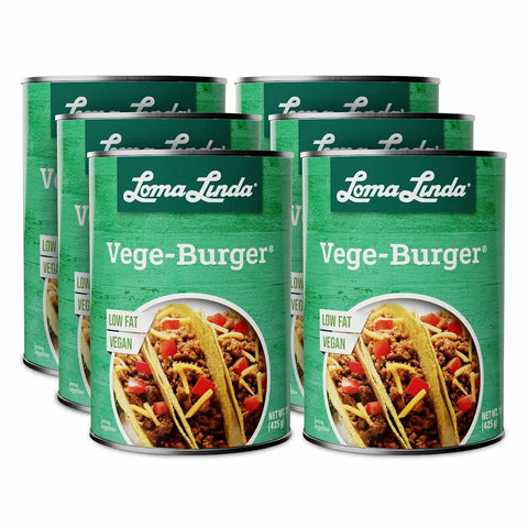 Loma Linda Vege Burger 6-pack, pre-cooked vegan ground beef substitute.