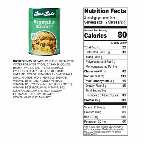 Loma Linda Vegetable Steaks ingredients and nutritional information.