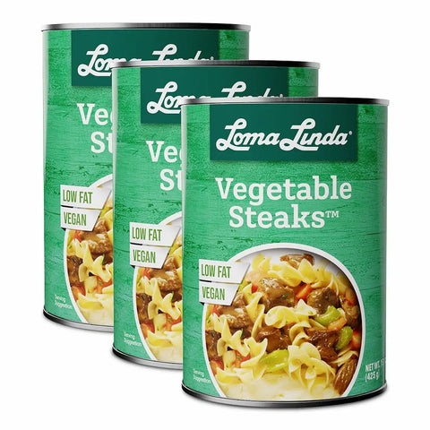 Loma Linda Vegetable Steaks 3-pack, plant-based steak substitute.